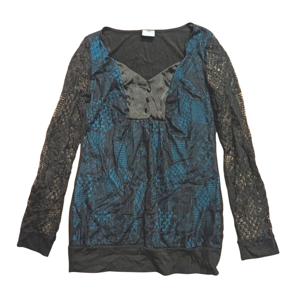 DAYTRIP L Large Black Teal Blue Lace Lacy Shirt Tunic Top Made in USA